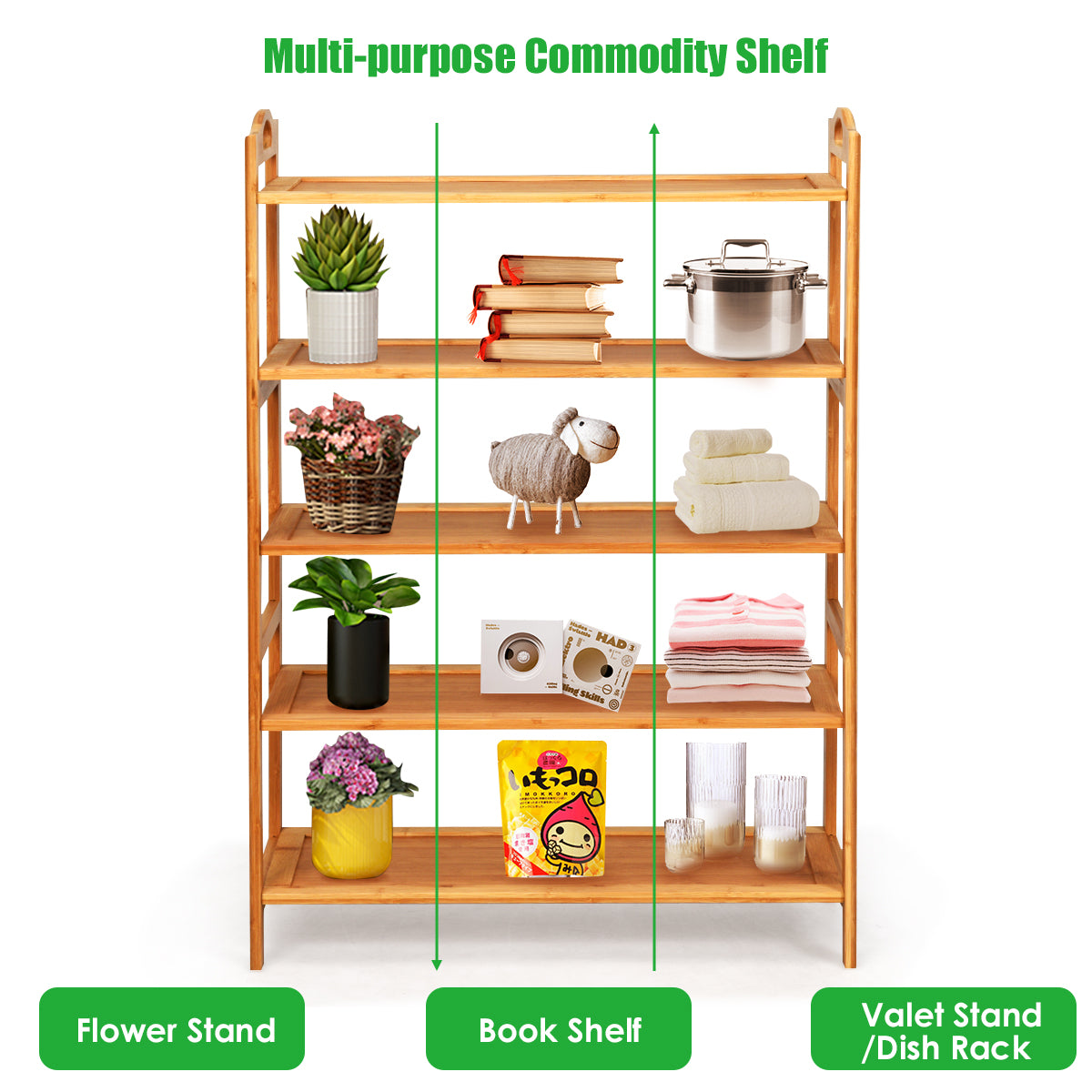 5 Tier Bamboo Shoe Rack with Two Rounded Handle for 15 Pairs