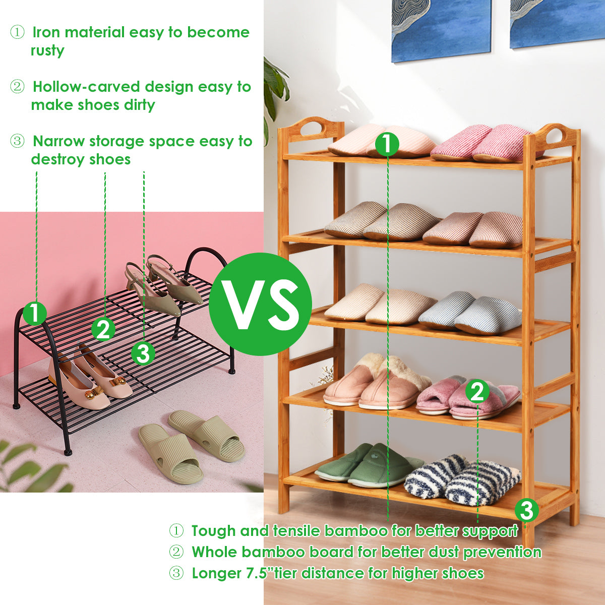 5 Tier Bamboo Shoe Rack with Two Rounded Handle for 15 Pairs