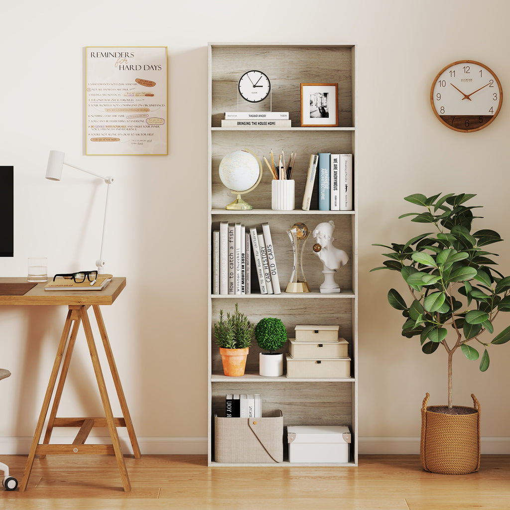 5-Shelf Wood Bookcase Light Gray, 67 Inch Height