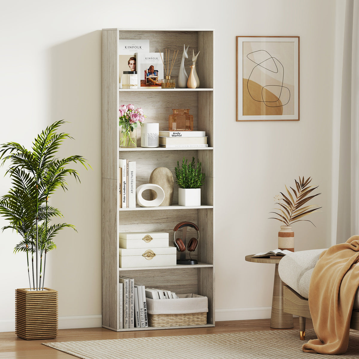 23.5 x 9.5 67 Inch 5-Shelf Multi-Functional Wood Bookcase for Home