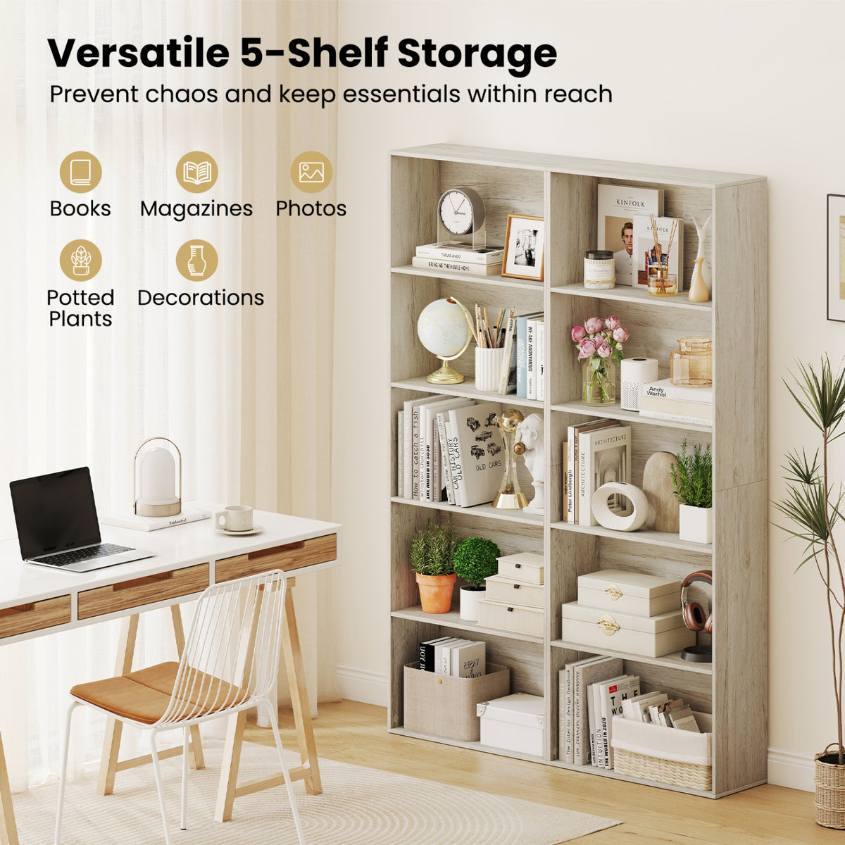 5-Shelf Wood Bookcase Light Gray, 67 Inch Height