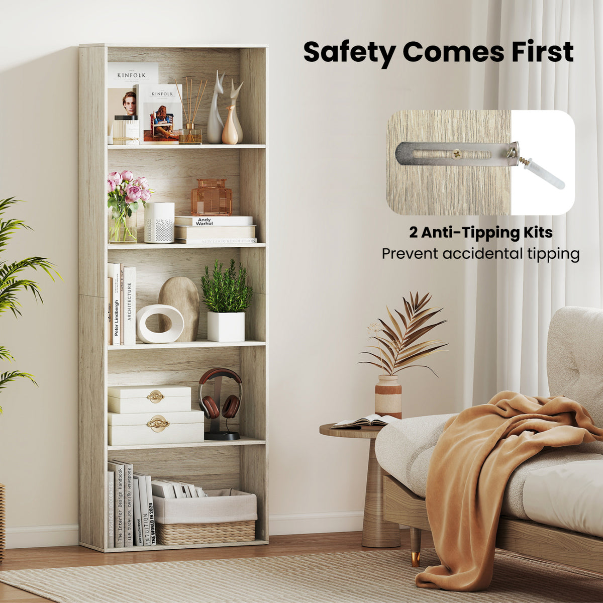 23.5 x 9.5 67 Inch 5-Shelf Multi-Functional Wood Bookcase for Home