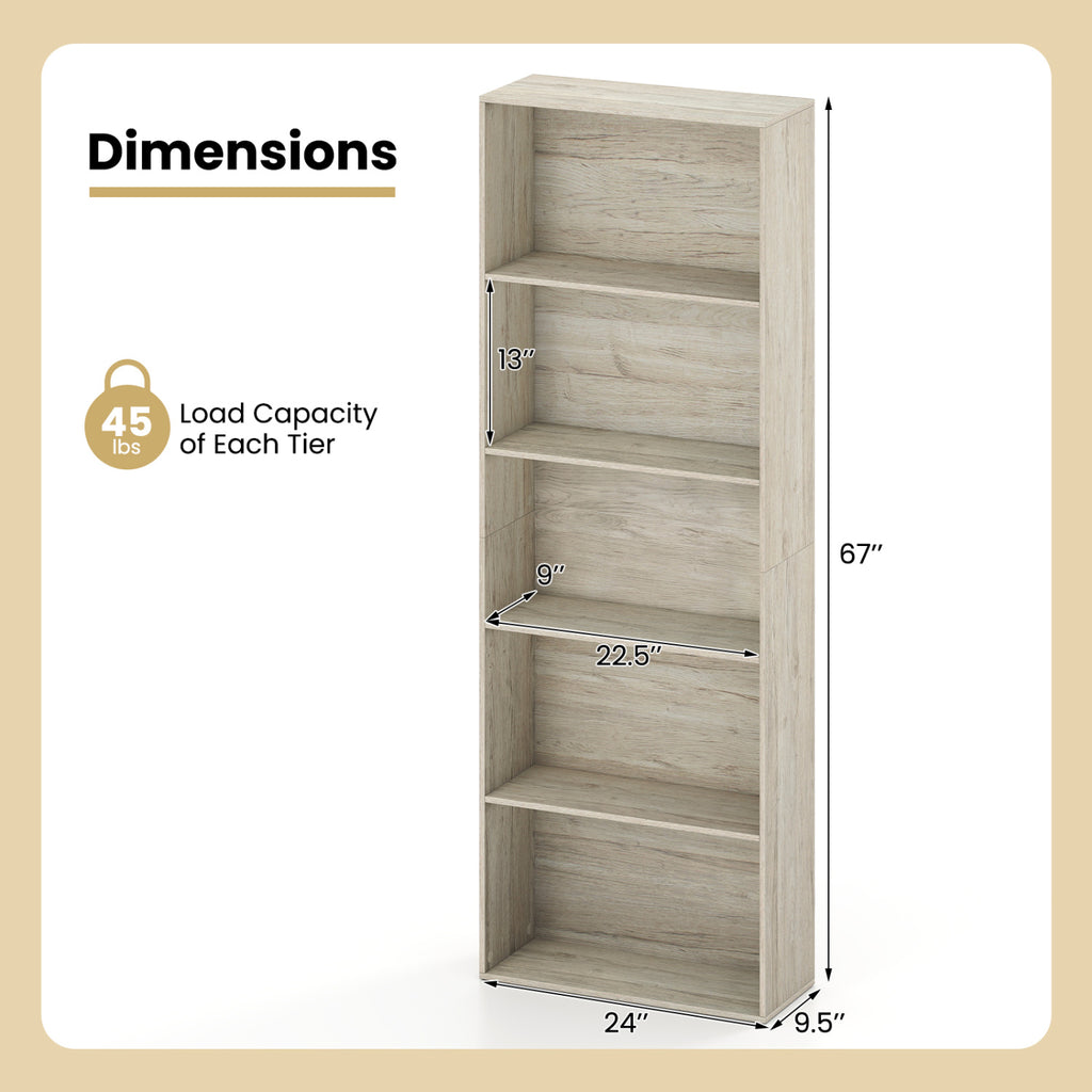23.5 x 9.5 67 Inch 5-Shelf Multi-Functional Wood Bookcase for Home