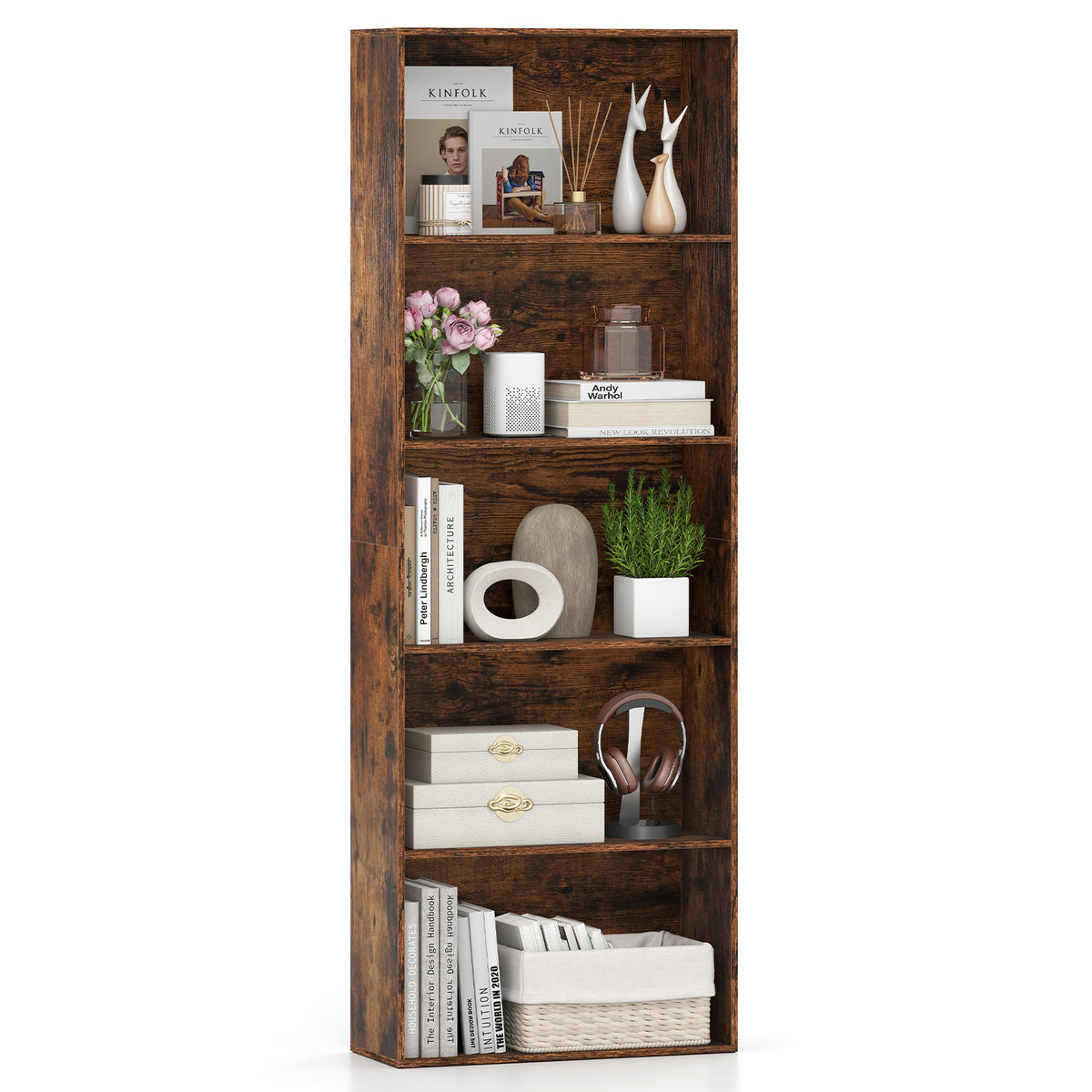 5-Shelf Bookcase, Rustic Brown – Home Office Storage