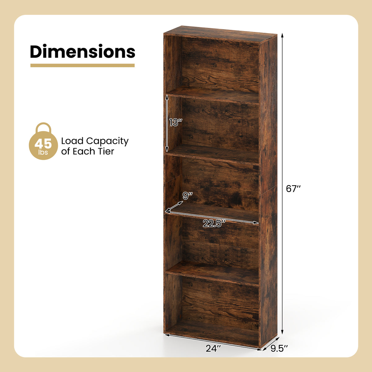 5-Shelf Bookcase, Rustic Brown – Home Office Storage
