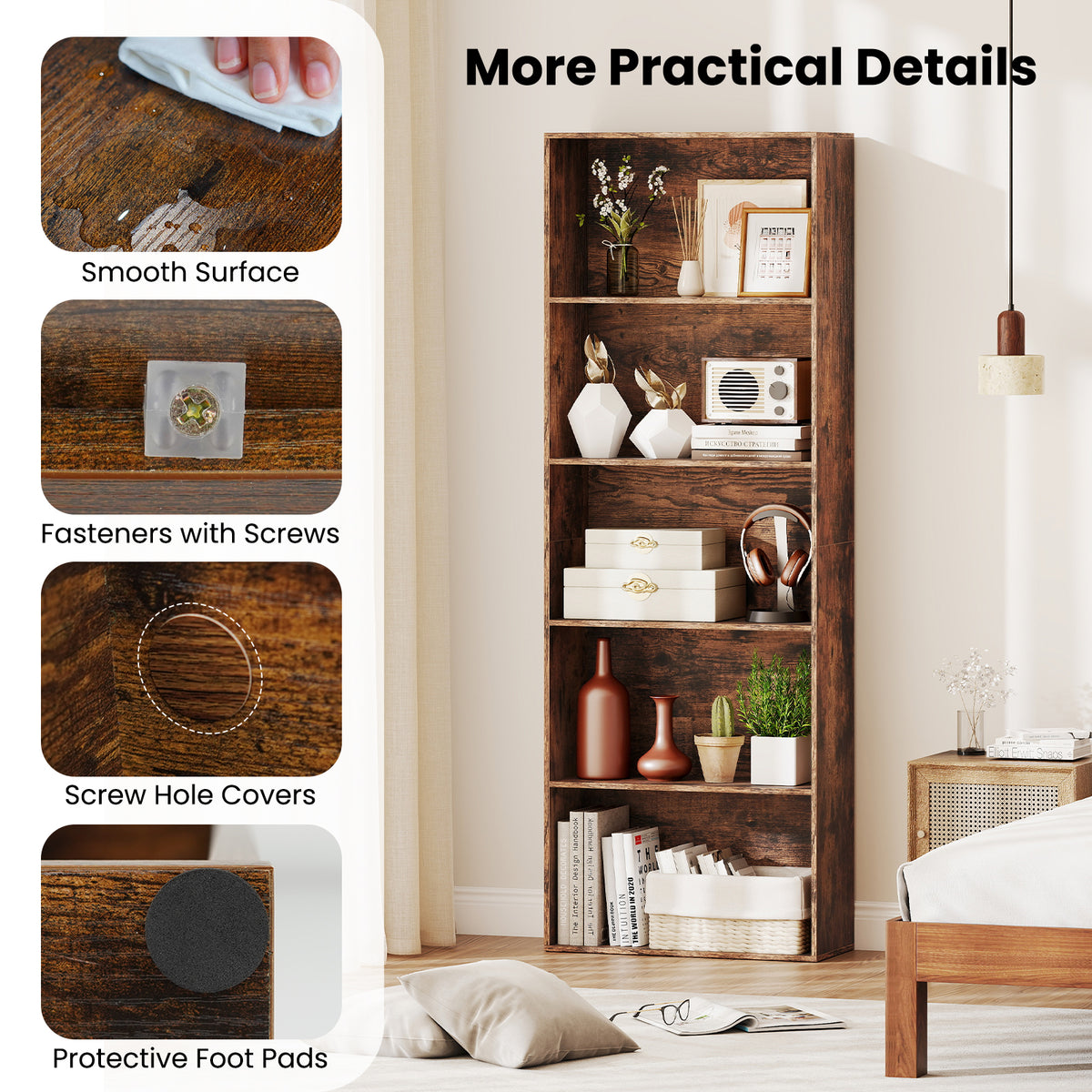 5-Shelf Bookcase, Rustic Brown – Home Office Storage