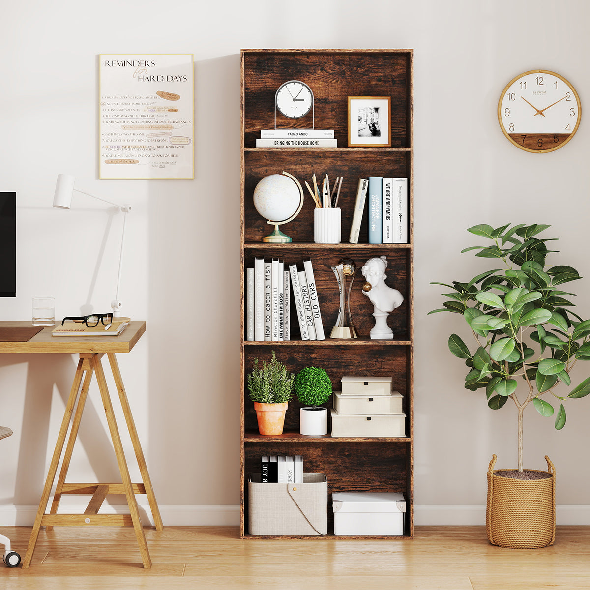 5-Shelf Bookcase, Rustic Brown – Home Office Storage