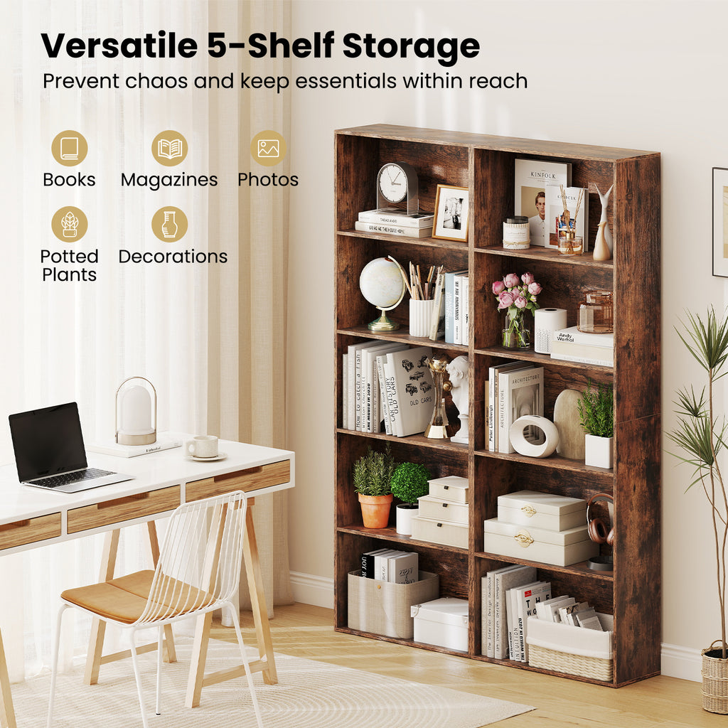 5-Shelf Bookcase, Rustic Brown – Home Office Storage