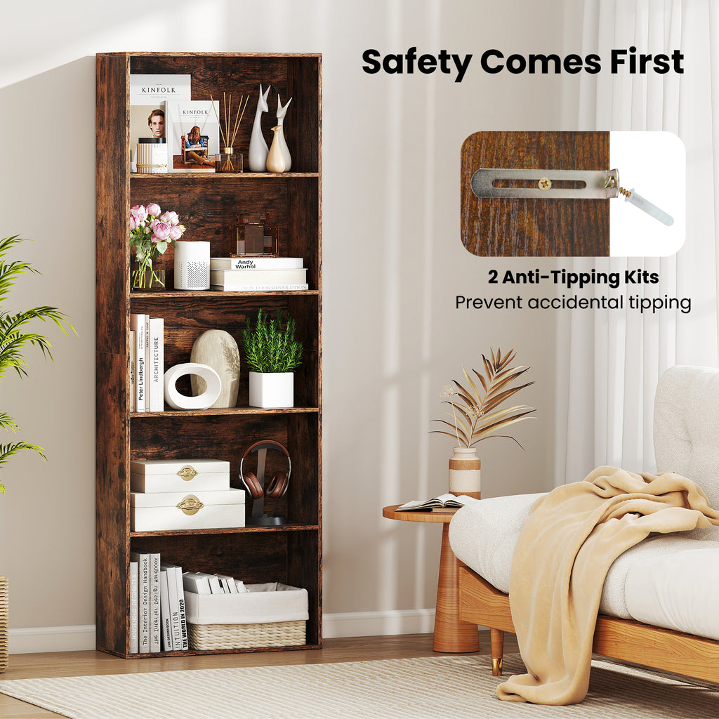 5-Shelf Bookcase, Rustic Brown – Home Office Storage