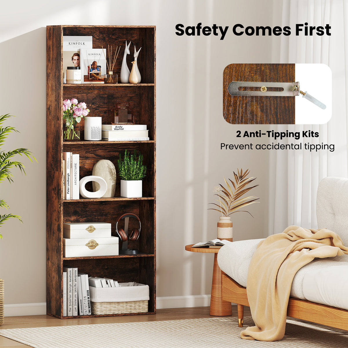 5-Shelf Bookcase, Rustic Brown – Home Office Storage