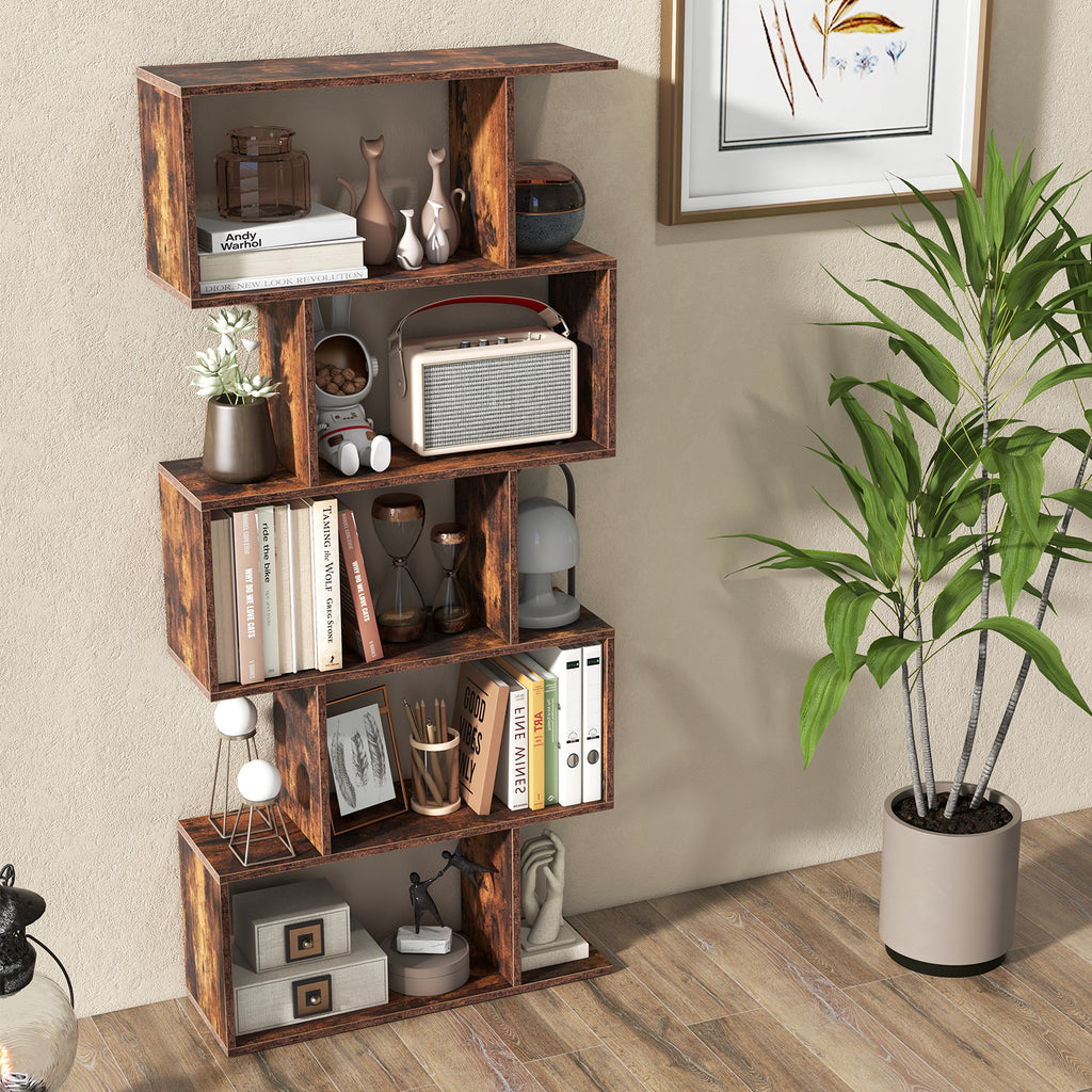 5-Tier S-Shaped Bookshelf with Anti-Toppling Device, Rustic Brown