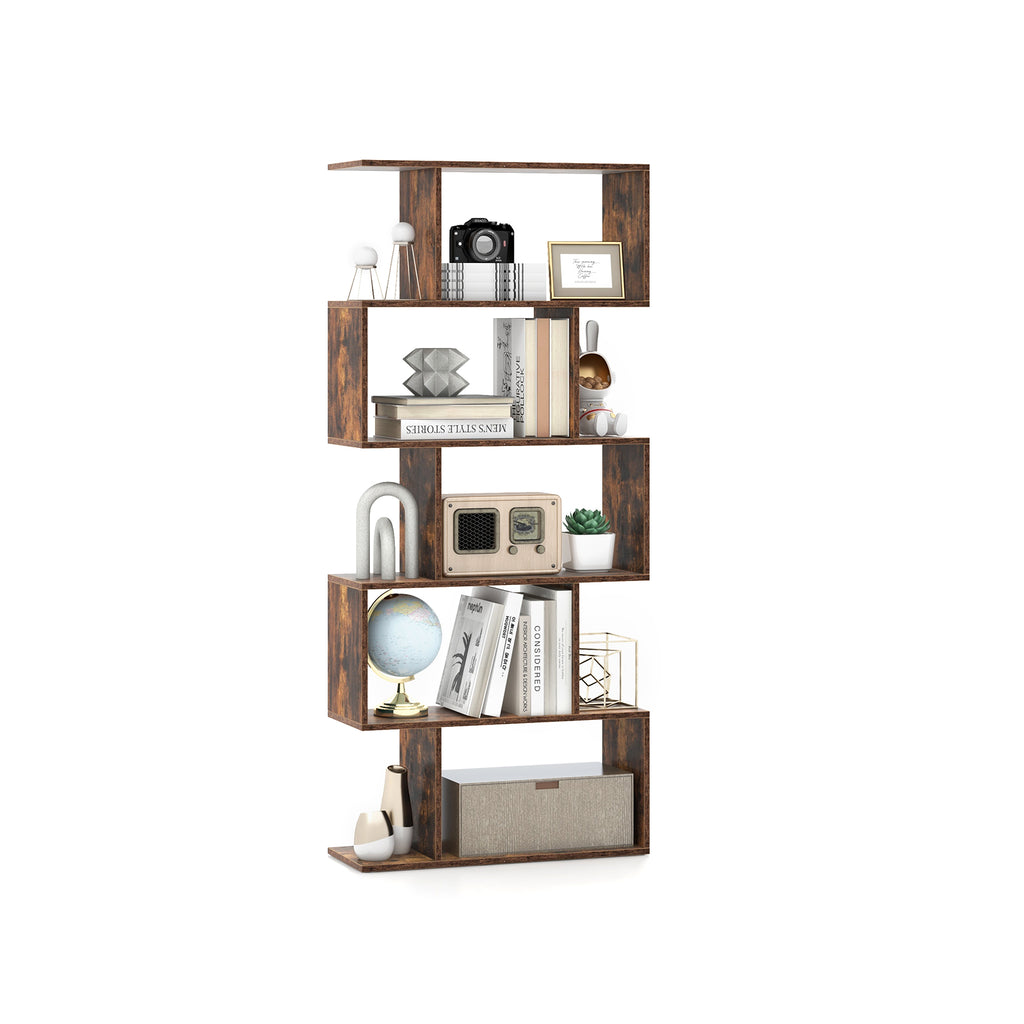 5-Tier S-Shaped Bookshelf with Anti-Toppling Device, Rustic Brown