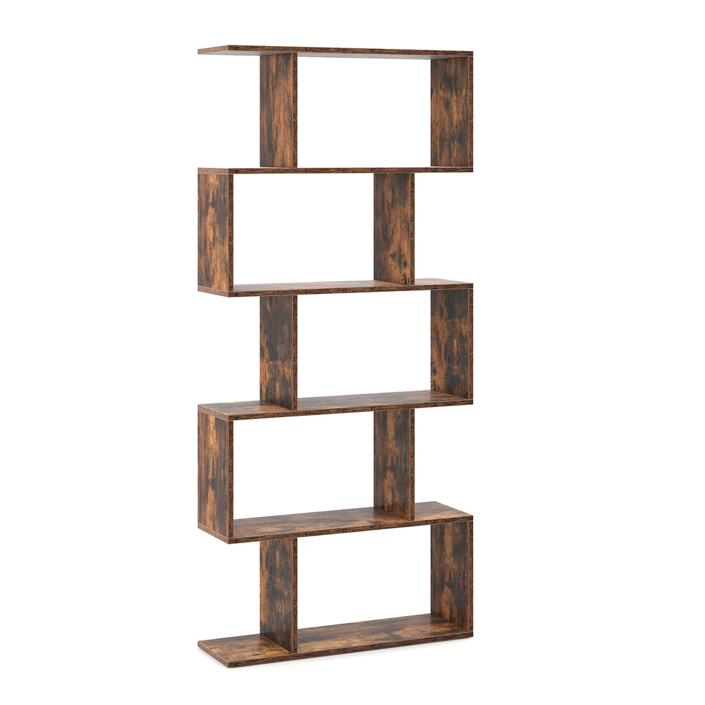 5-Tier S-Shaped Bookshelf with Anti-Toppling Device, Rustic Brown