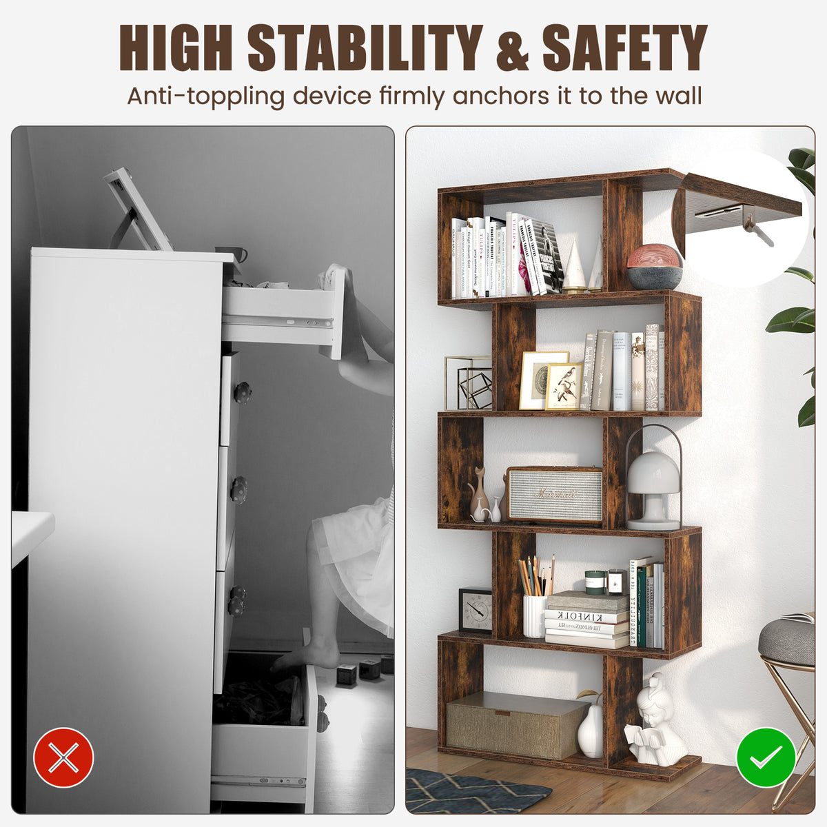 5-Tier S-Shaped Bookshelf with Anti-Toppling Device, Rustic Brown