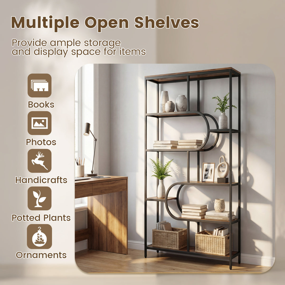 5-Tier Bookshelf Tall Etagere Bookcase with Open Storage Shelves and