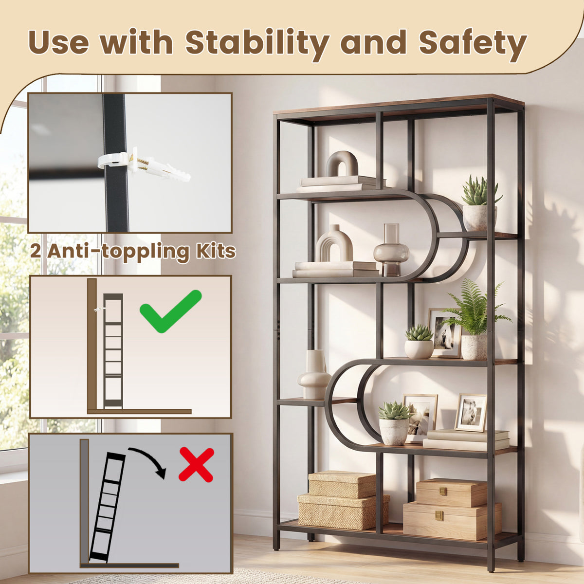 5-Tier Bookshelf Tall Etagere Bookcase with Open Storage Shelves and