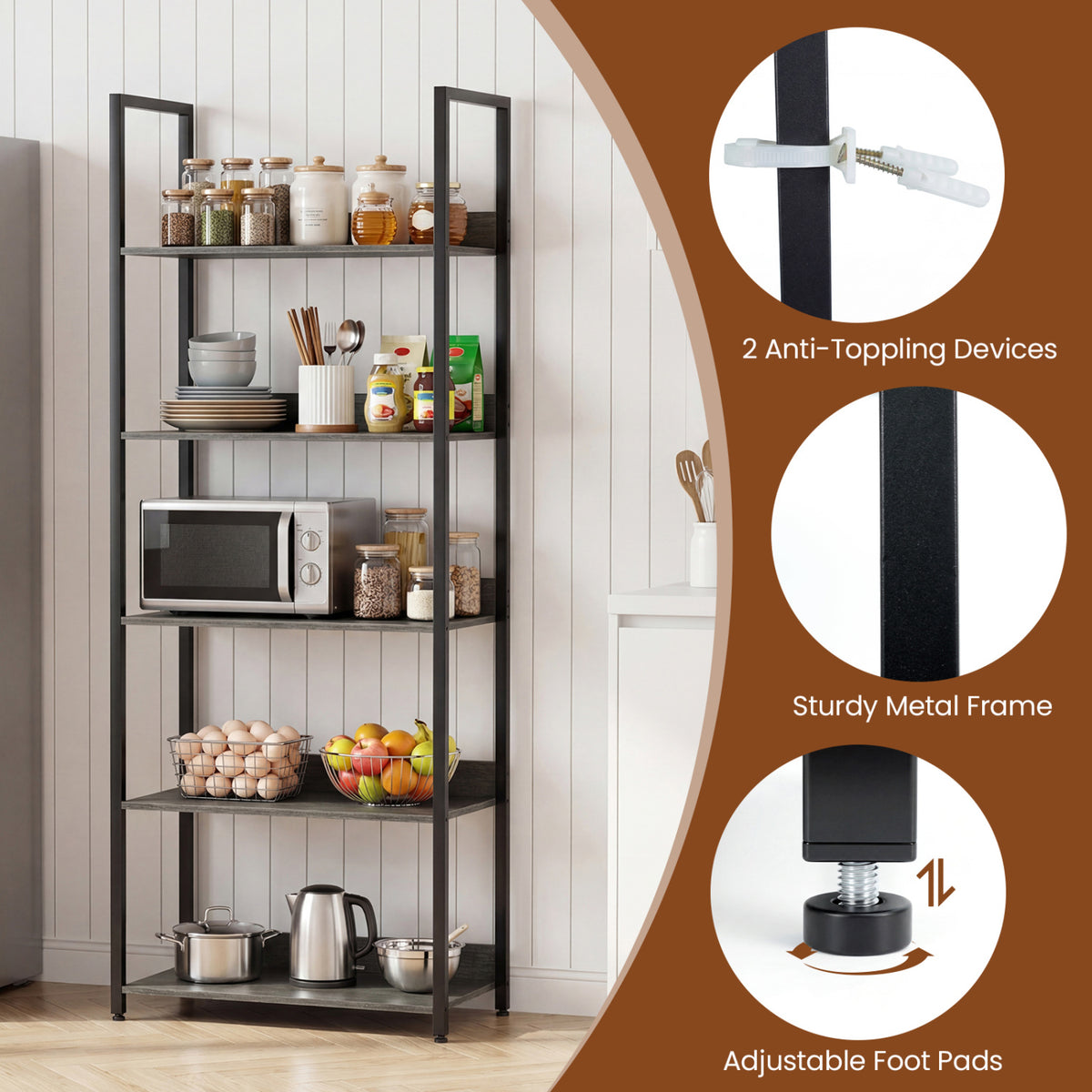5-Tier Bookshelf Tall Wooden Open Bookcase with Back Panels