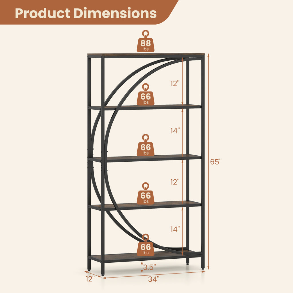 5-Tier Half-Moon Bookshelf - Rustic Brown