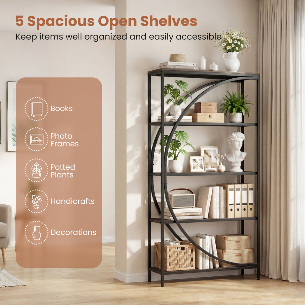 5-Tier Half-Moon Bookshelf - Rustic Brown