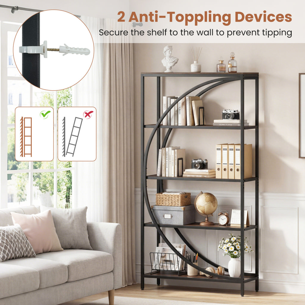 5-Tier Half-Moon Bookshelf - Rustic Brown