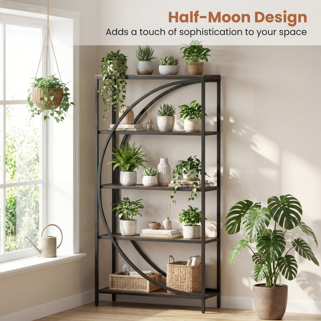 5-Tier Half-Moon Bookshelf - Rustic Brown