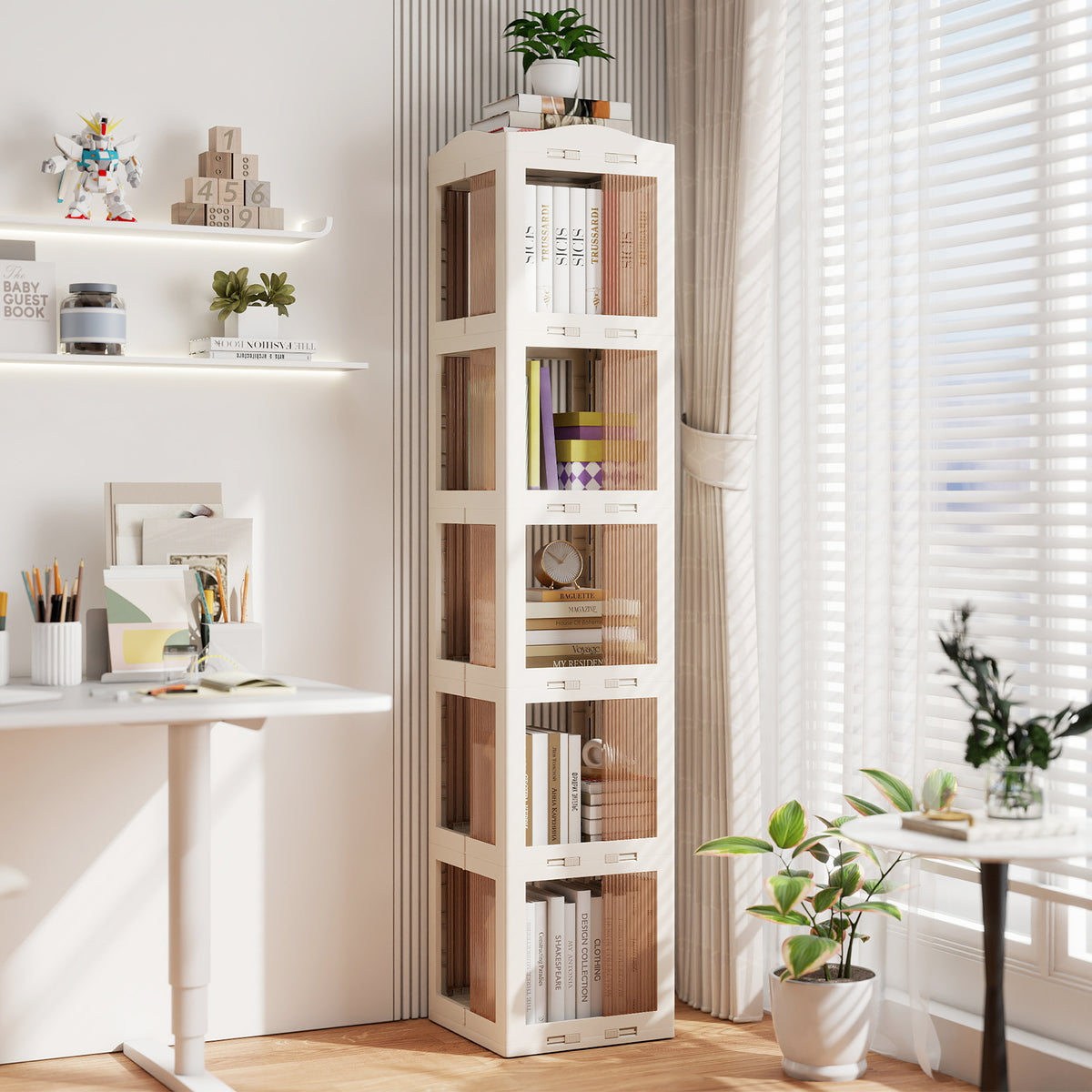 5-Tier Rotating Bookshelf 360° Spinning Bookcase, White