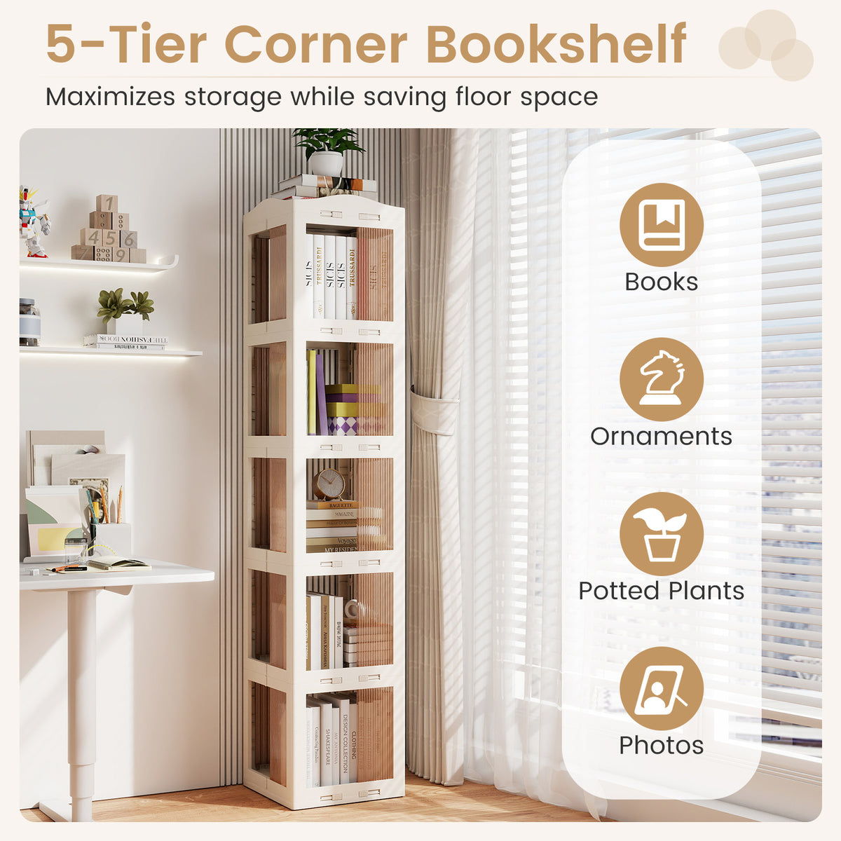 5-Tier Rotating Bookshelf 360° Spinning Bookcase, White