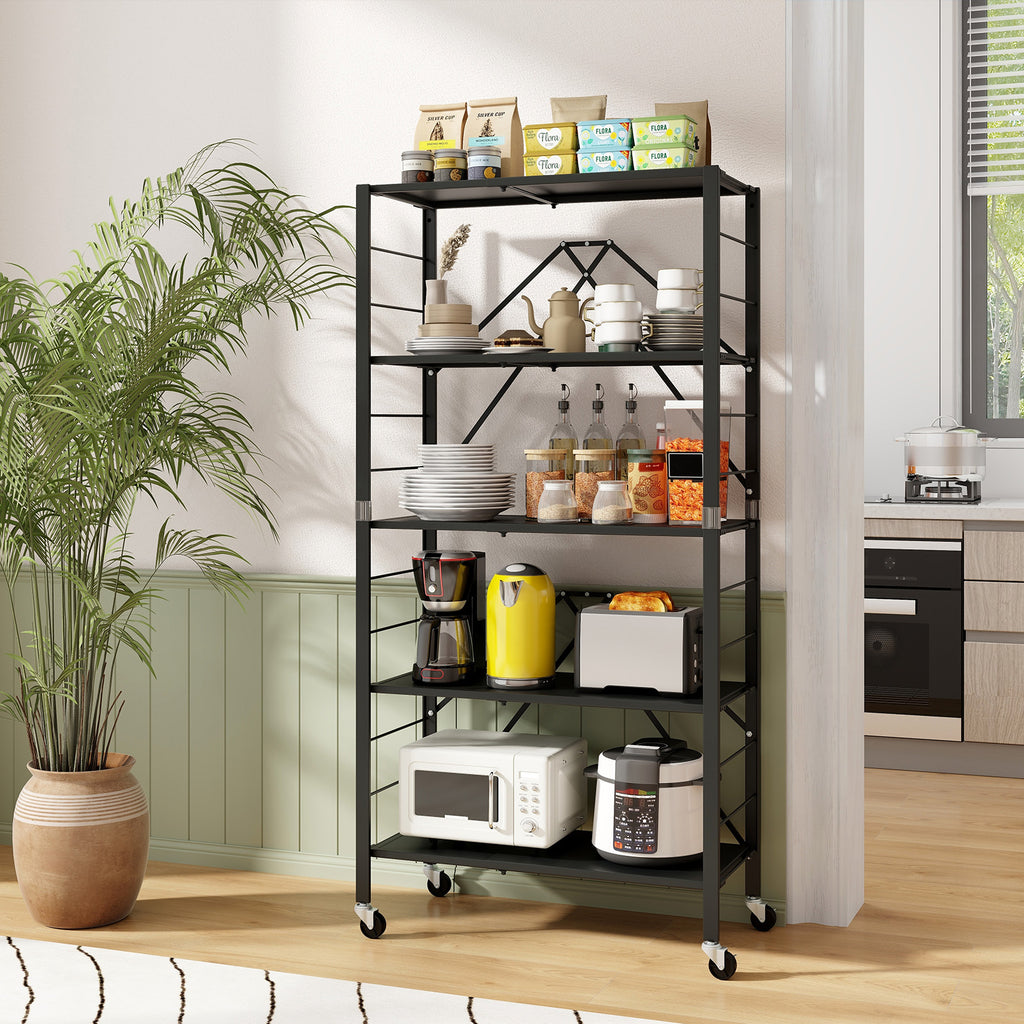 5-Tier Foldable Storage Shelf with Wheels - Black, Stretchable