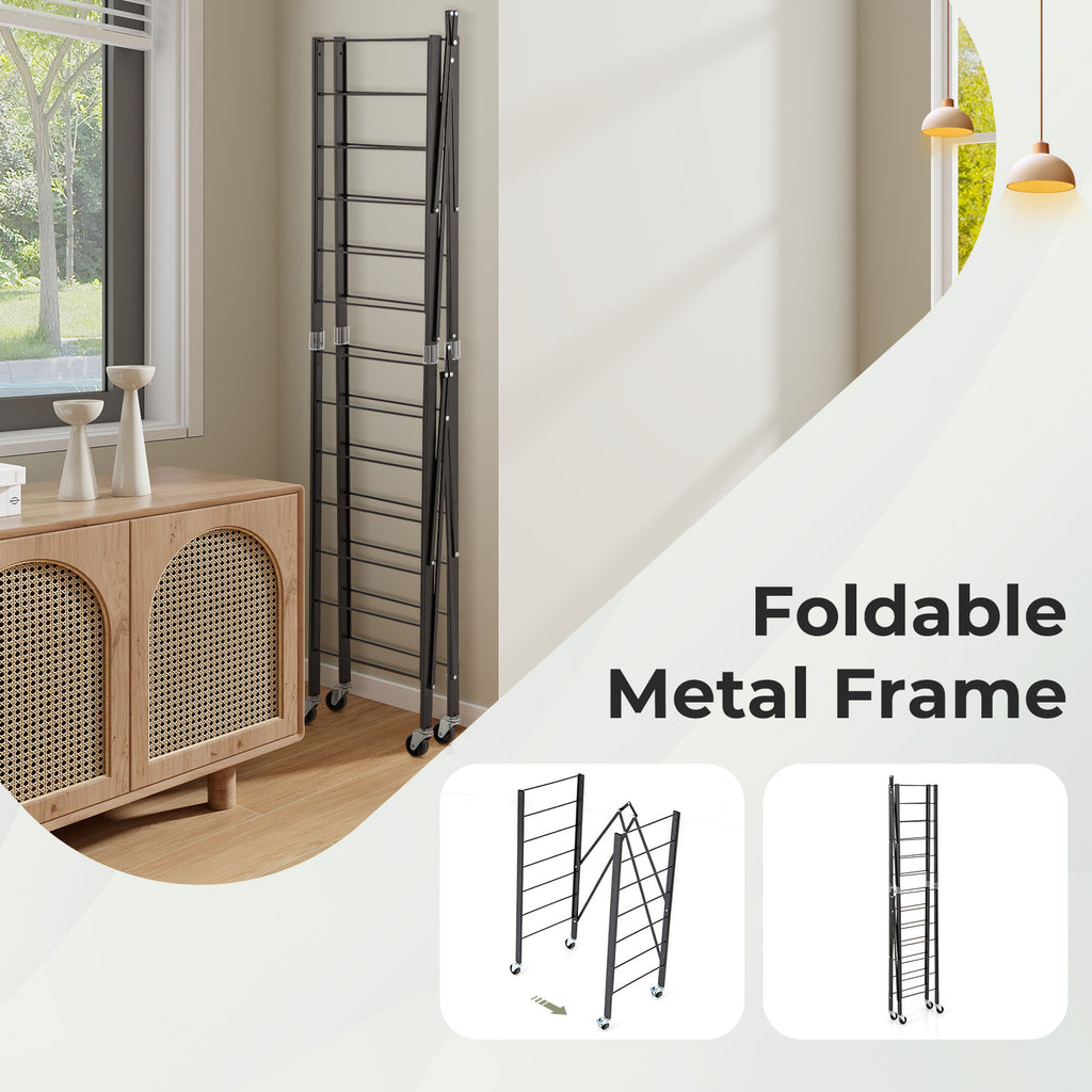 5-Tier Foldable Storage Shelf with Wheels - Black, Stretchable