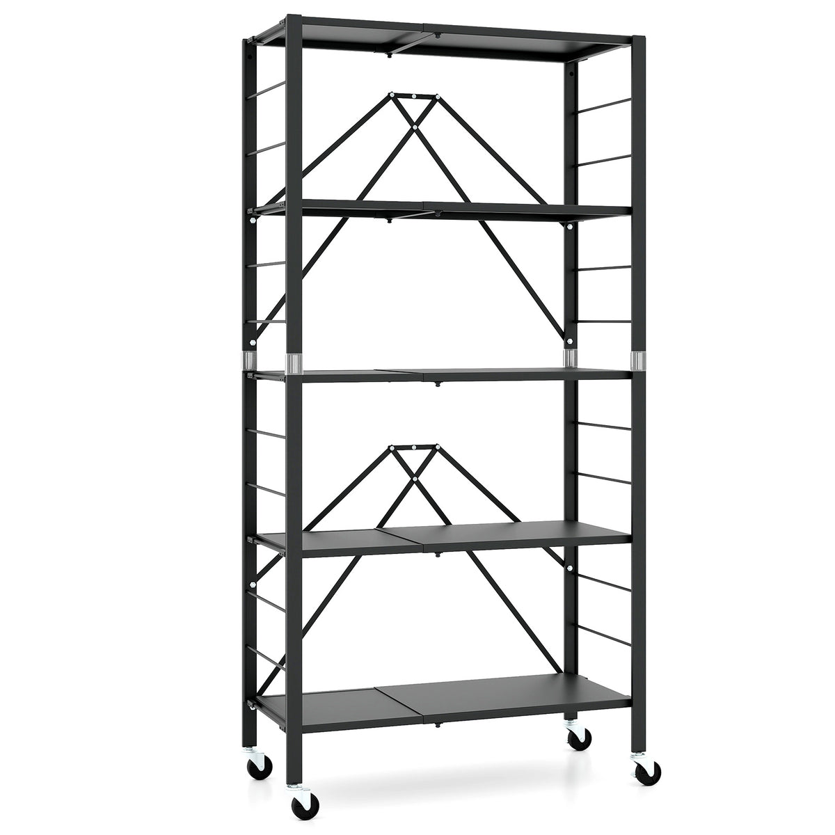 5-Tier Foldable Storage Shelf with Wheels - Black, Stretchable