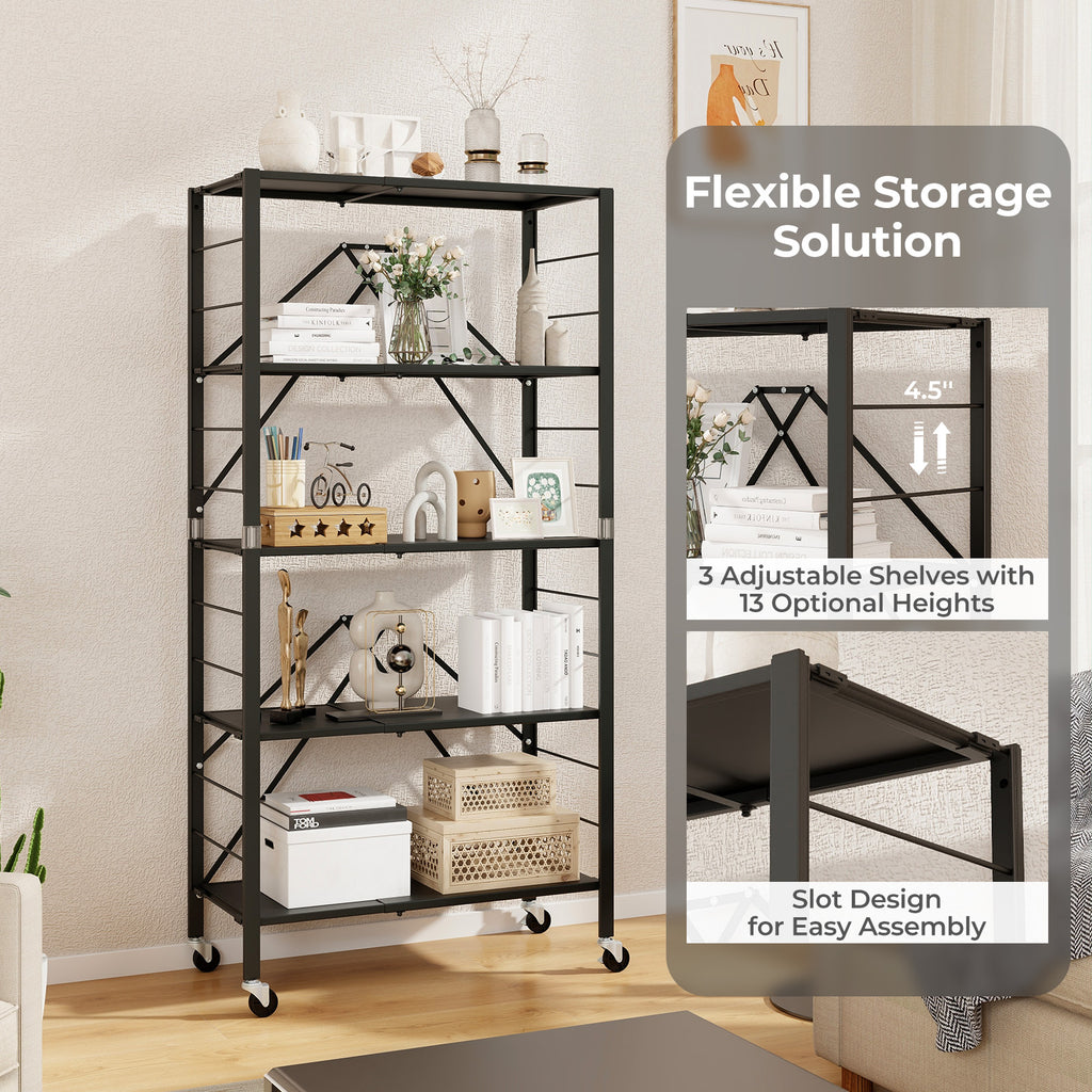 5-Tier Foldable Storage Shelf with Wheels - Black, Stretchable