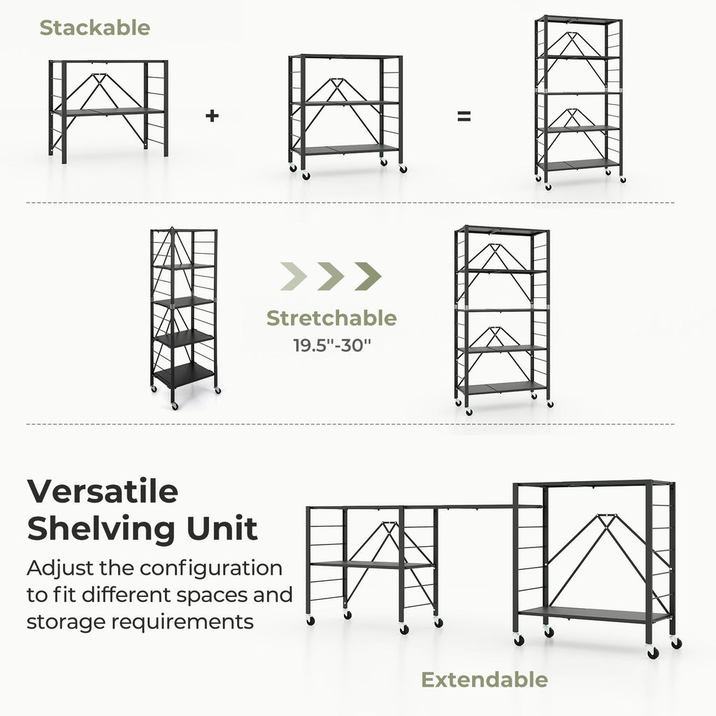 5-Tier Foldable Storage Shelf with Wheels - Black, Stretchable