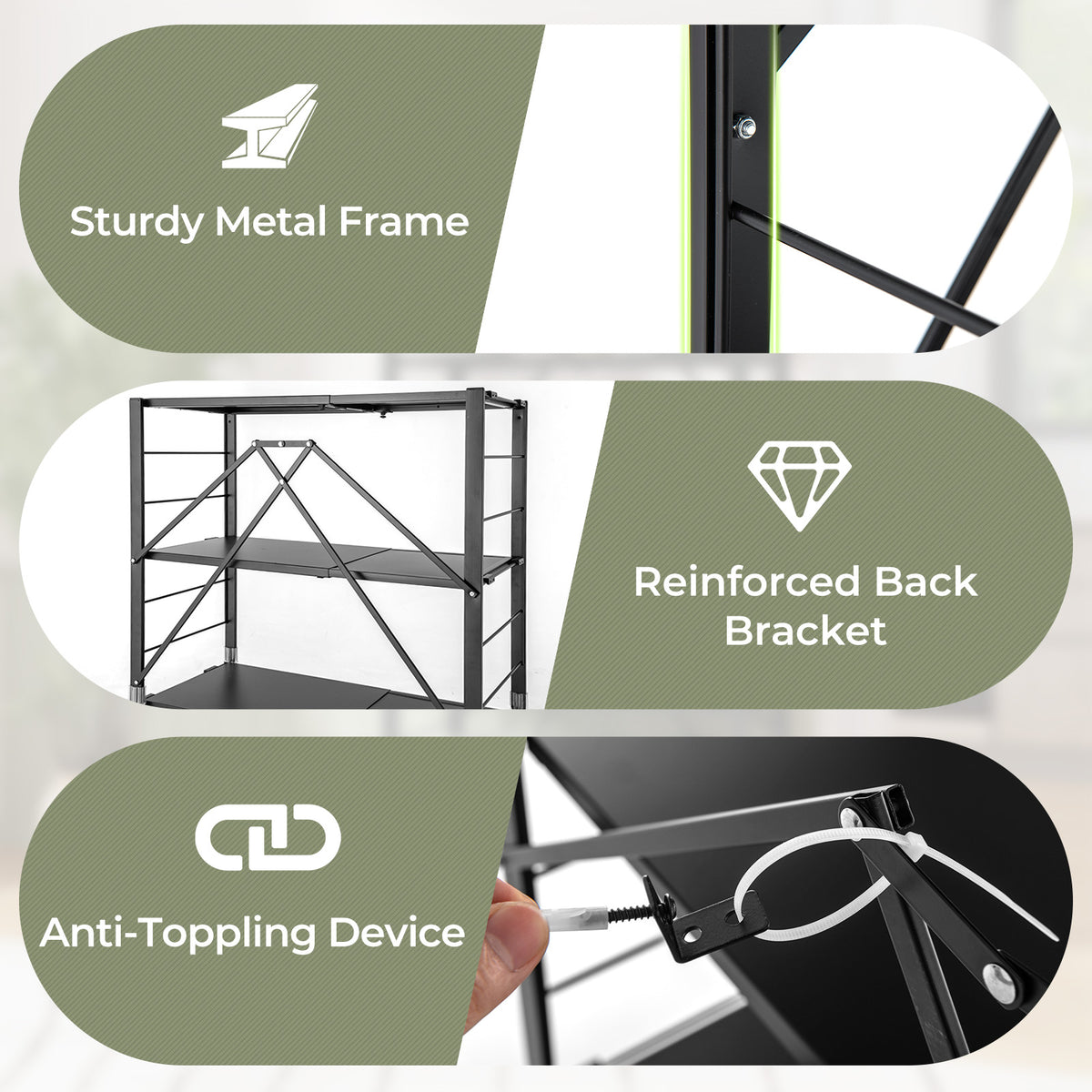 5-Tier Foldable Storage Shelf with Wheels - Black, Stretchable