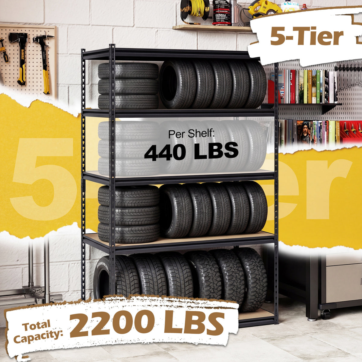 5-Tier Garage Shelving Unit 2200 LBS Heavy Duty with MDF Boards 48" x 24" x 72"