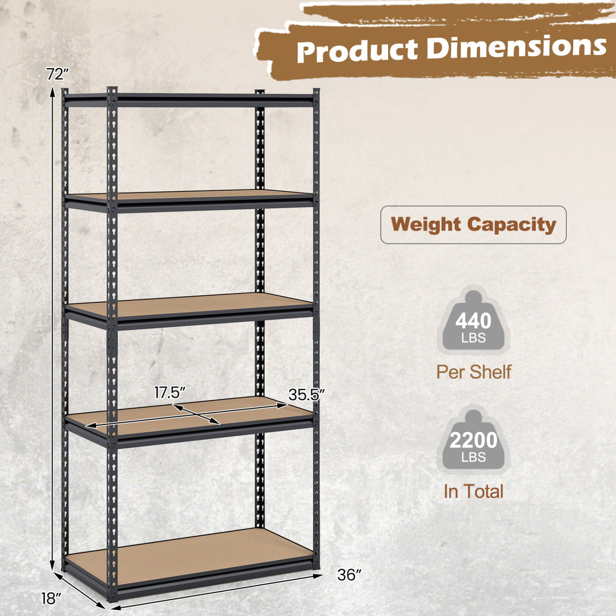5-Tier Garage Shelving Unit 2200 LBS Metal Storage Shelves Adjustable