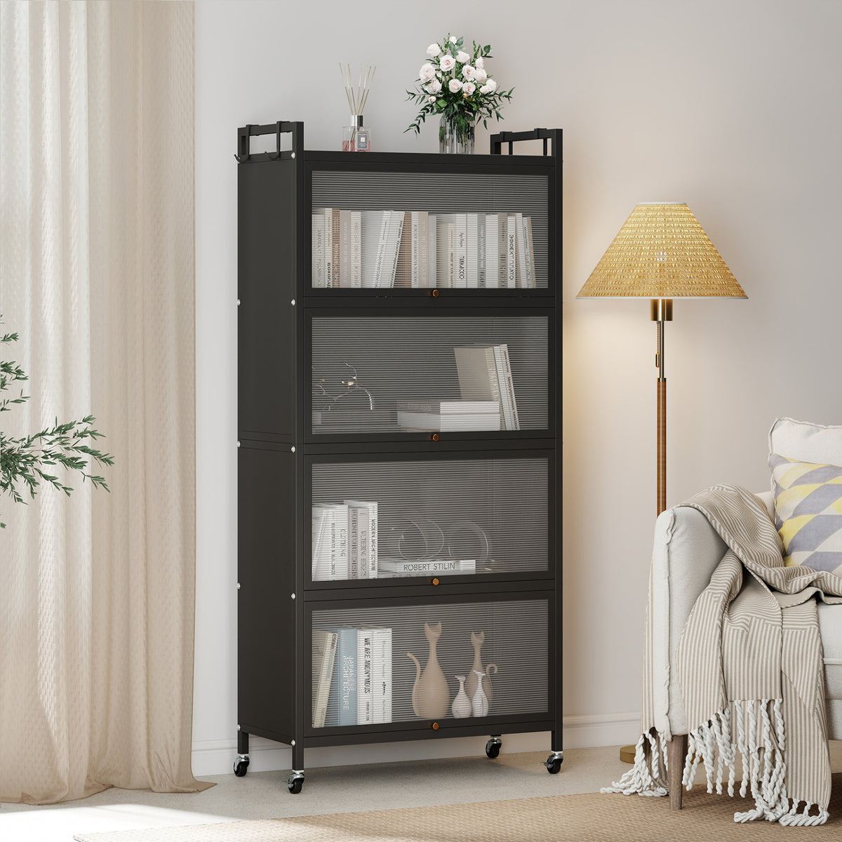 5-Tier Kitchen Storage Cabinet with Flip-Up Doors & Rolling Wheels – White