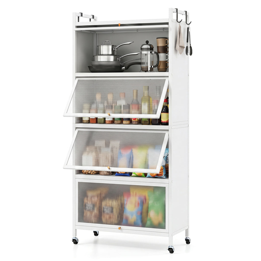 5-Tier Kitchen Storage Cabinet with Flip-Up Doors & Rolling Wheels – White