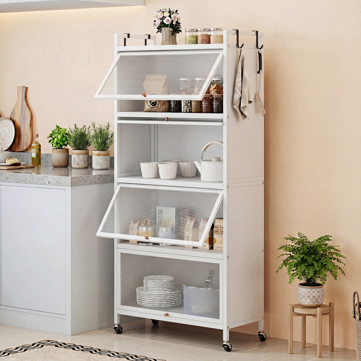 5-Tier Kitchen Storage Cabinet with Flip-Up Doors & Rolling Wheels – White