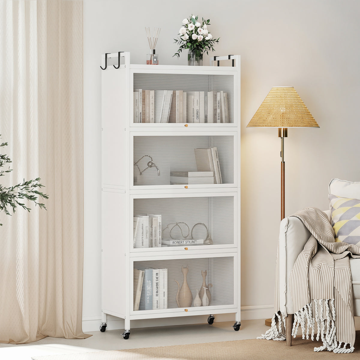 5-Tier Kitchen Storage Cabinet with Flip-Up Doors & Rolling Wheels – White