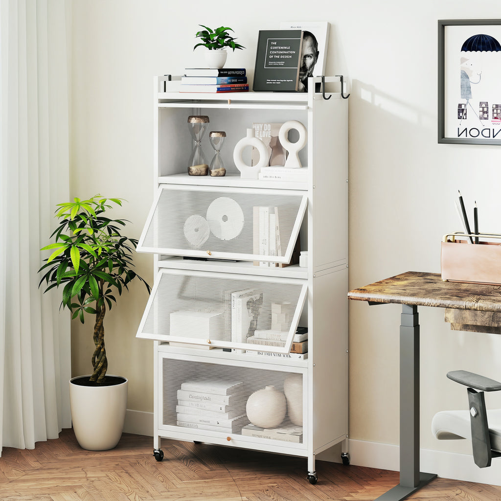 5-Tier Kitchen Storage Cabinet with Flip-Up Doors & Rolling Wheels – White
