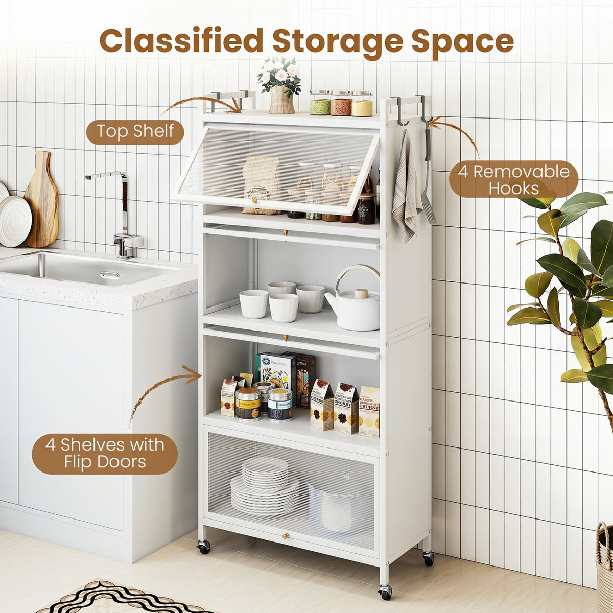 5-Tier Kitchen Storage Cabinet with Flip-Up Doors & Rolling Wheels – White