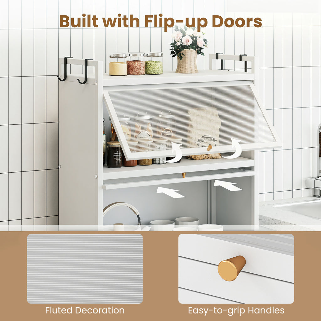 5-Tier Kitchen Storage Cabinet with Flip-Up Doors & Rolling Wheels – White