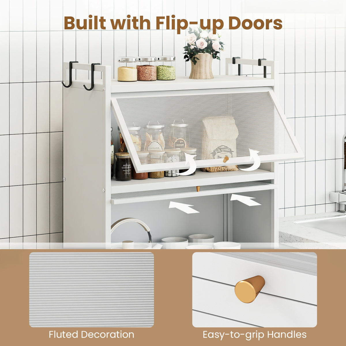 5-Tier Kitchen Storage Cabinet with Flip-Up Doors & Rolling Wheels – White