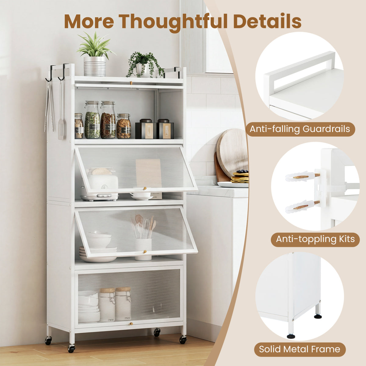 5-Tier Kitchen Storage Cabinet with Flip-Up Doors & Rolling Wheels – White