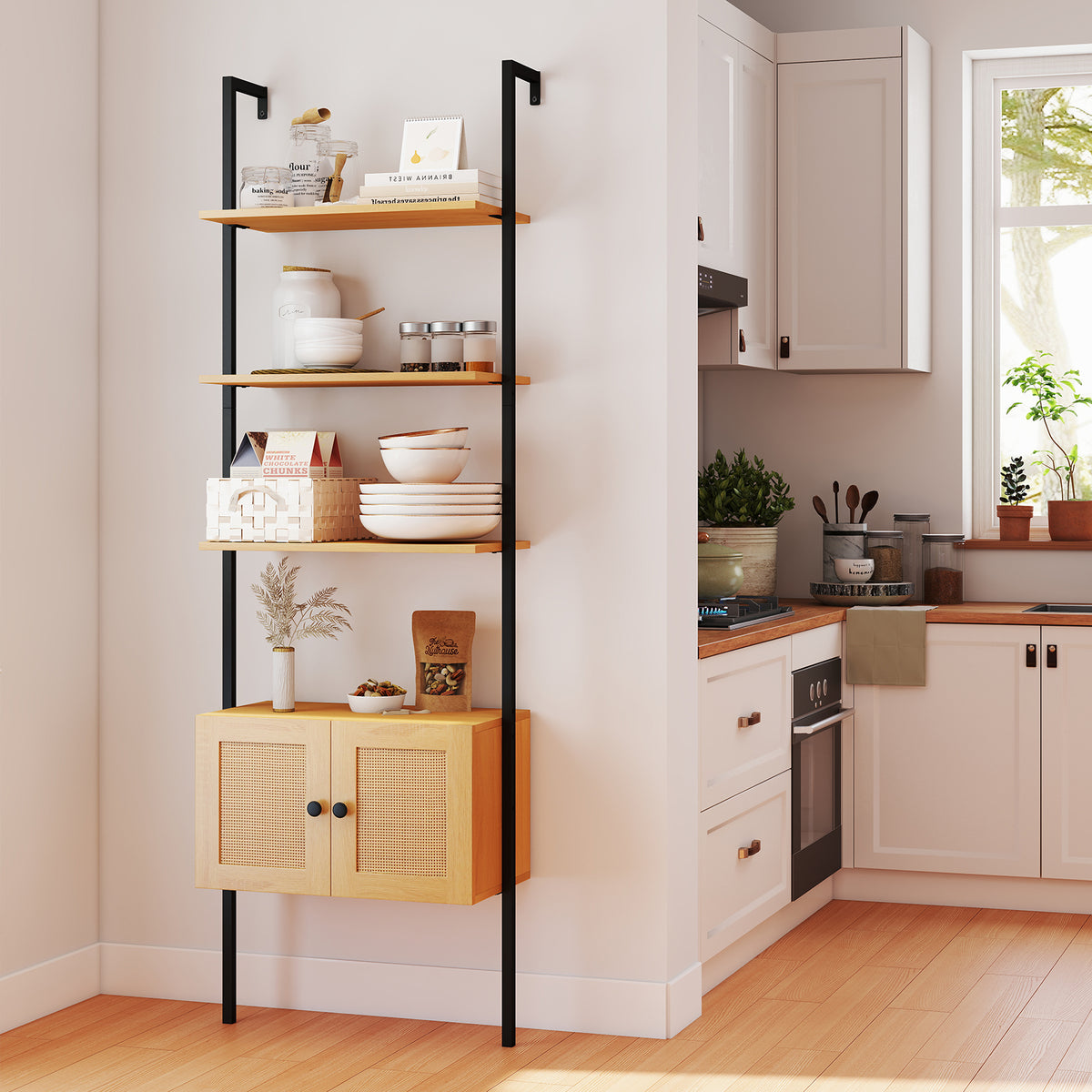 5-Tier Ladder Bookcase with Rattan Cabinet and Metal Frame