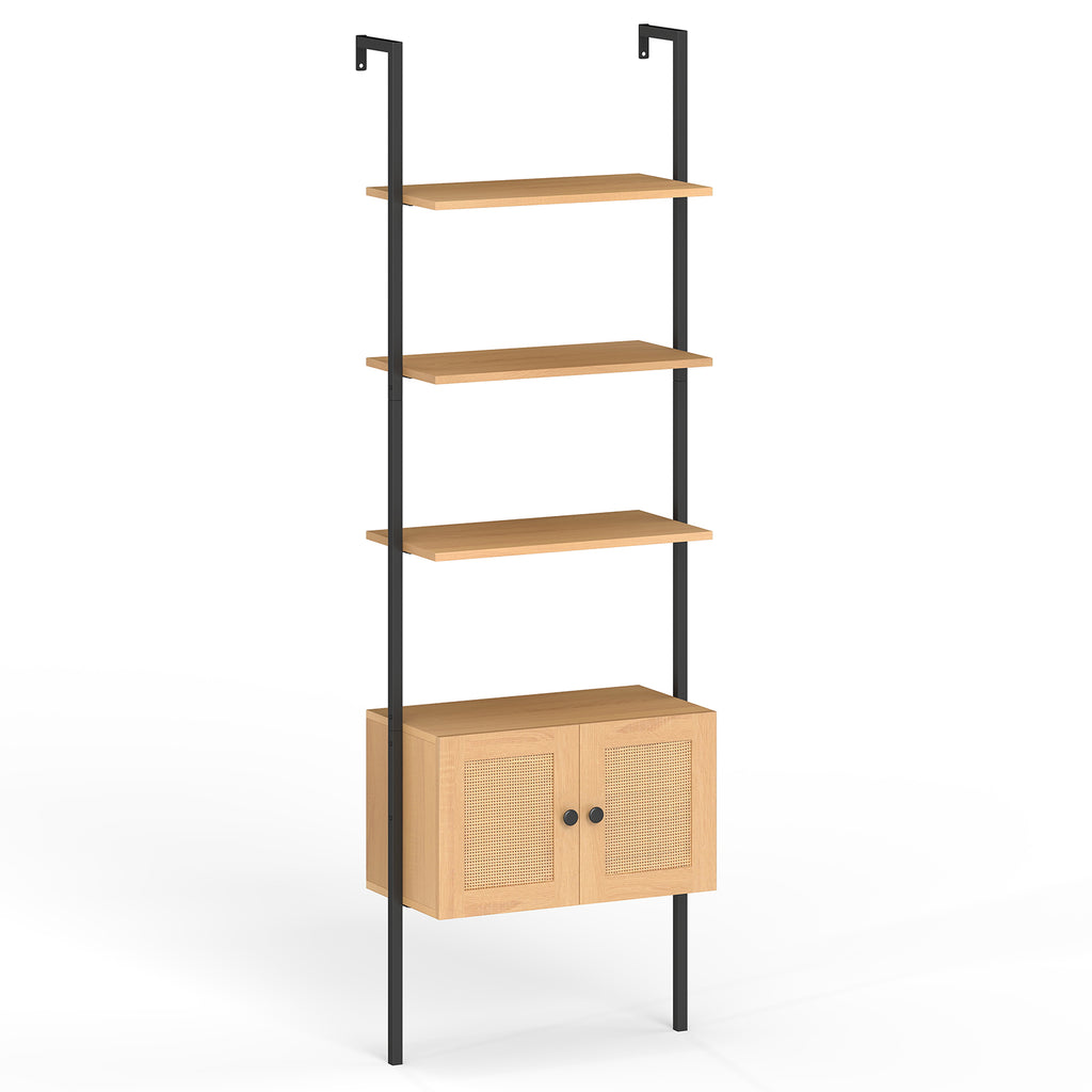 5-Tier Ladder Bookcase with Rattan Cabinet and Metal Frame