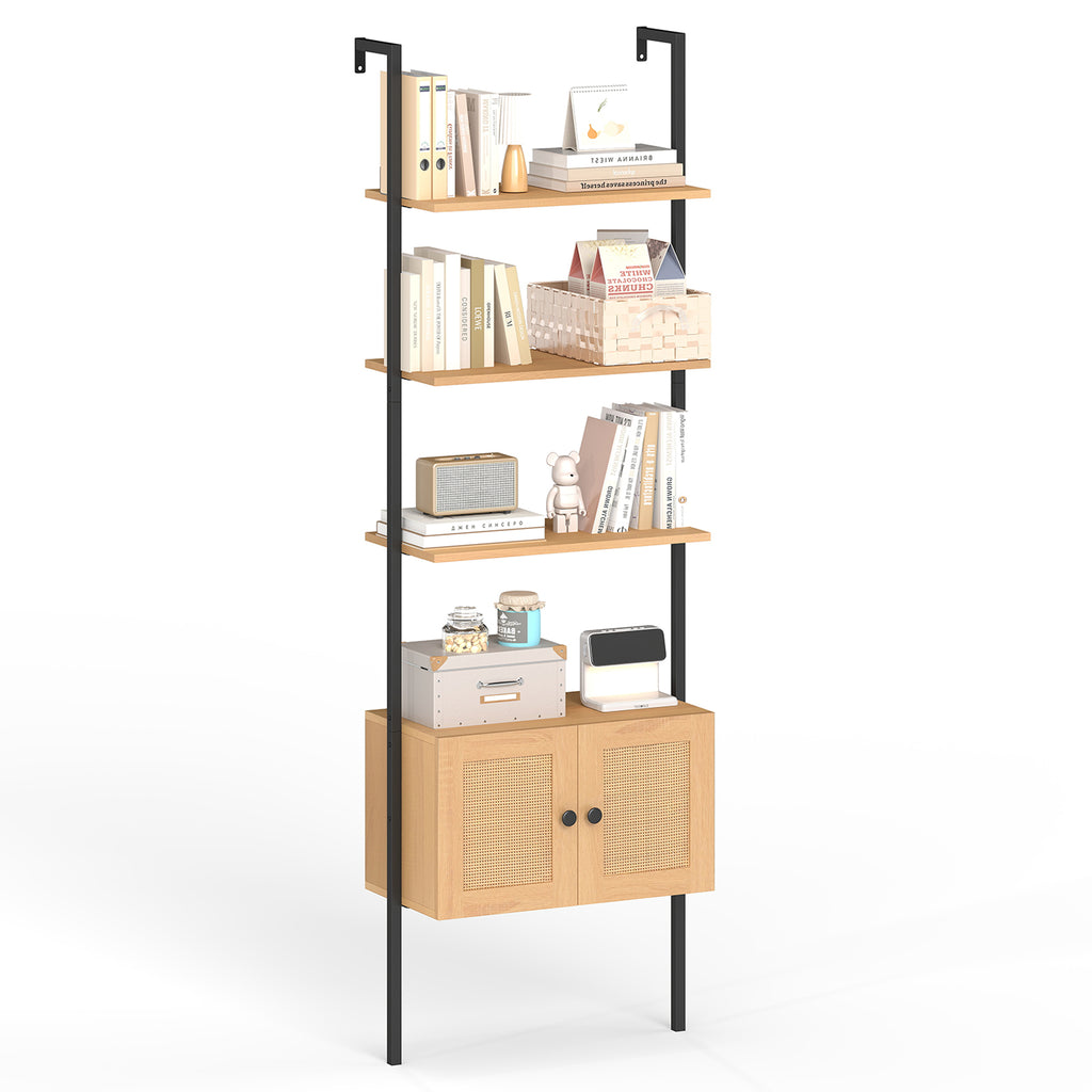 5-Tier Ladder Bookcase with Rattan Cabinet and Metal Frame