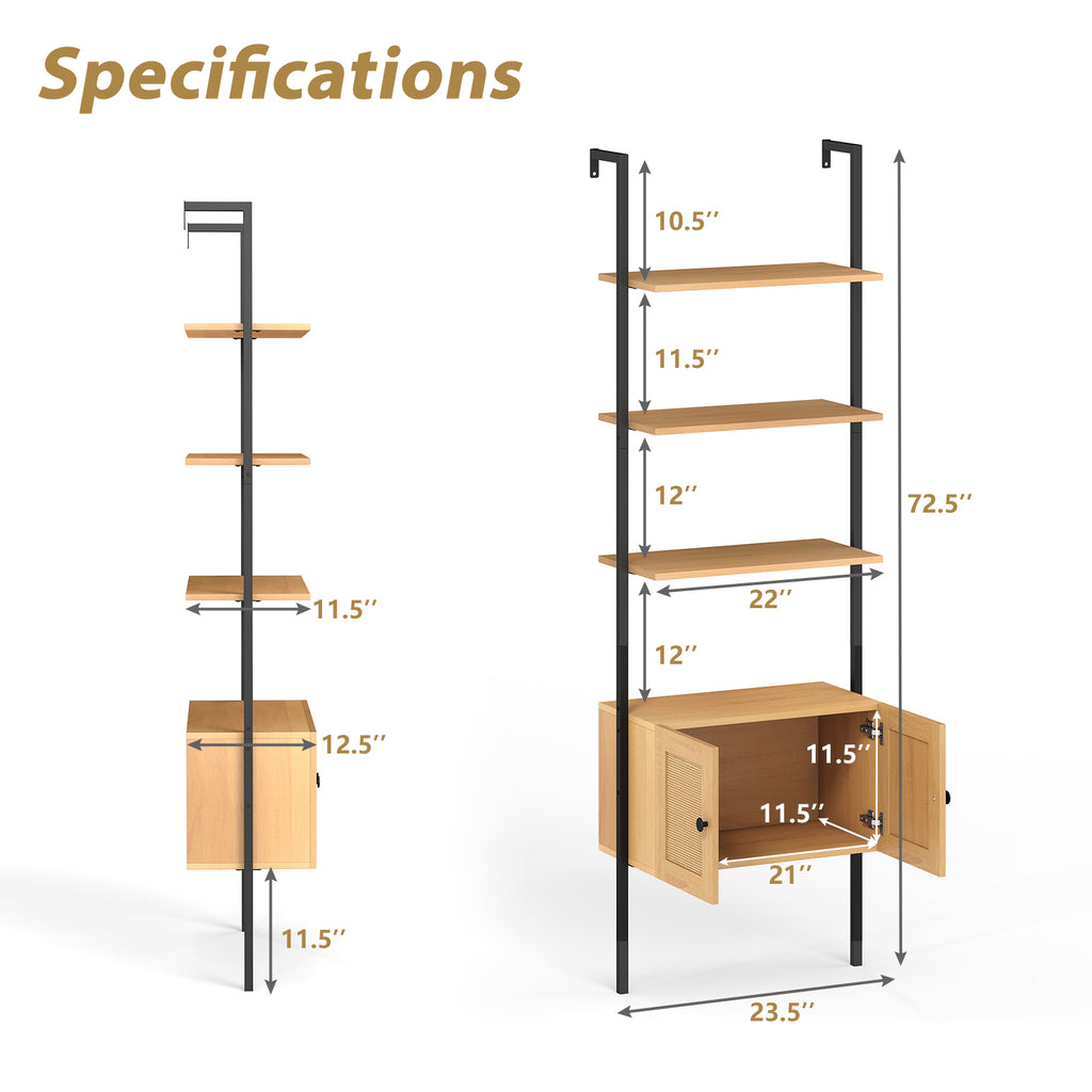 5-Tier Ladder Bookcase with Rattan Cabinet and Metal Frame