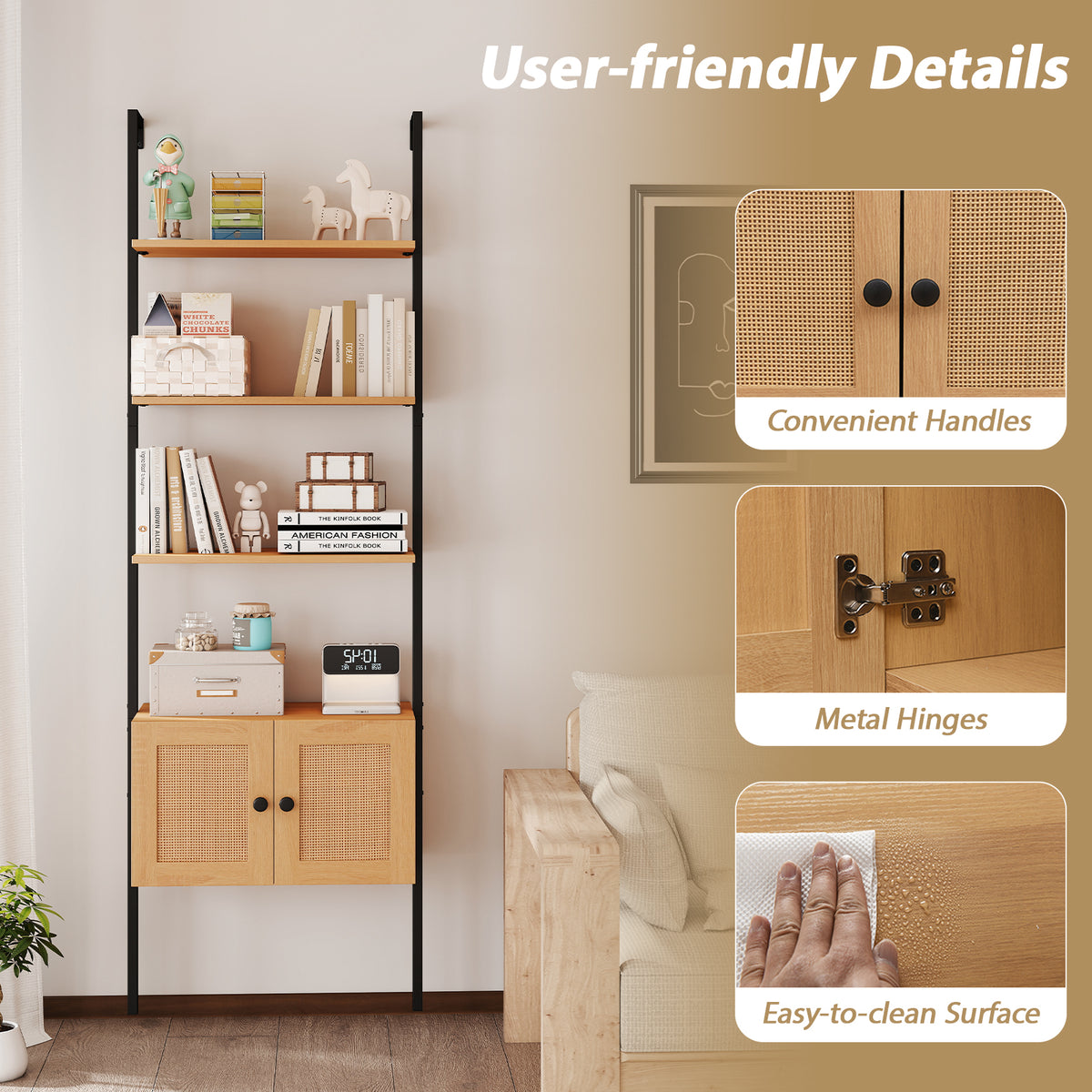 5-Tier Ladder Bookcase with Rattan Cabinet and Metal Frame