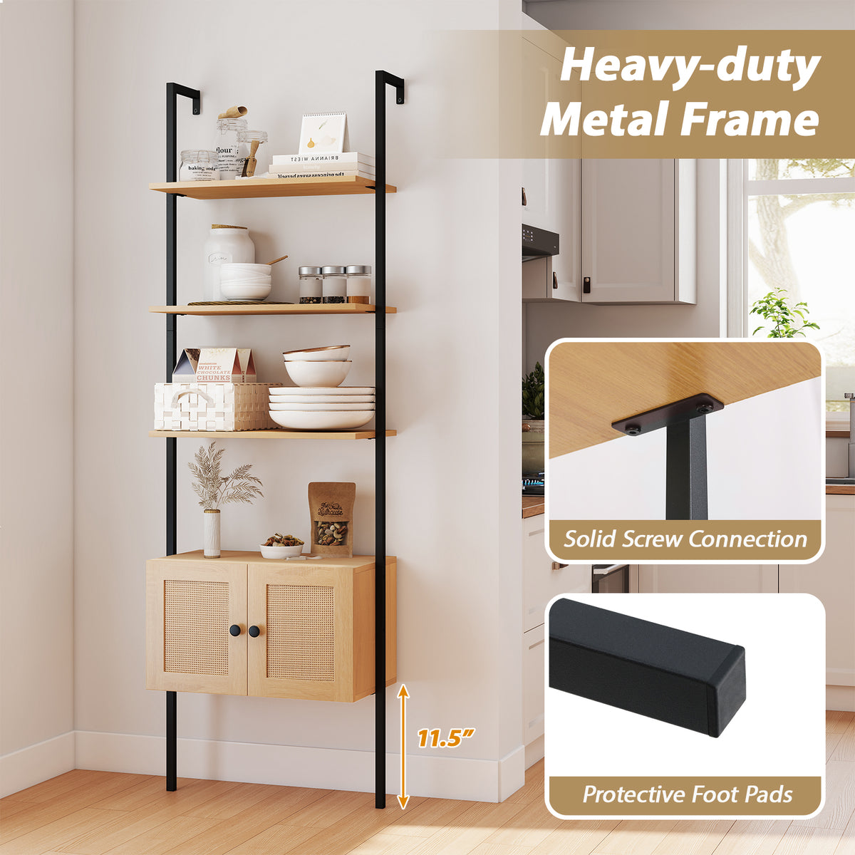5-Tier Ladder Bookcase with Rattan Cabinet and Metal Frame